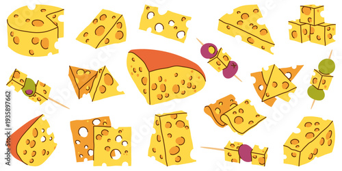 Collection of hand drawn Cheese Slices, Pieces, Cubes and Appetizers with Olives and Grapes