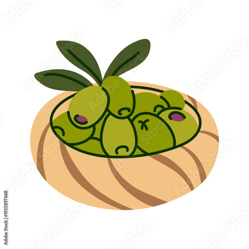Bowl of Fresh Green Olives with Leaves hand drawn vector illustration. Mediterranean food