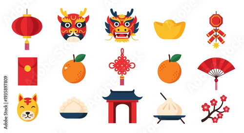 Chinese new year festive icons illustration