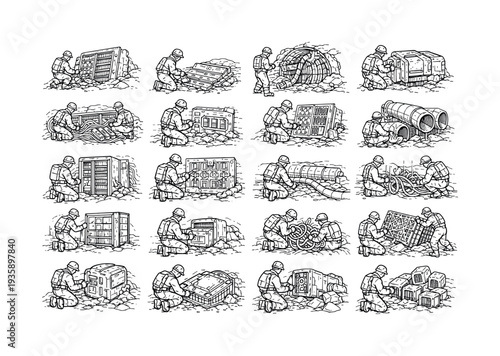 Line vector icons of futuristic archaeologists studying ancient tech ruins: unearthed mainframes, sediment-layered boards,