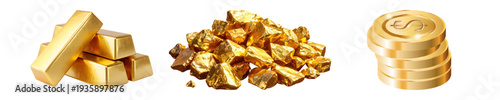 Financial Growth Concept with Gold Bullion Bars Raw Nuggets and Stacked Coins Isolated on White