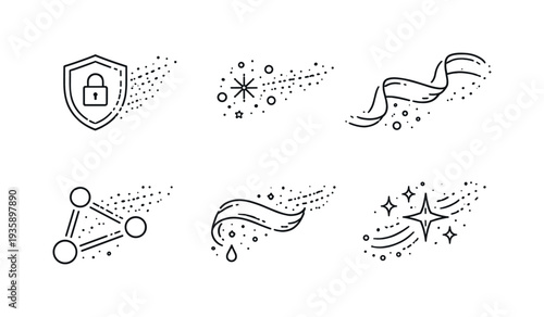 Line vector icons of a trail of confidential information lingering on the network (data residue): secure icon, info speck,