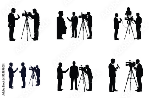 News Anchors and Cameramen Silhouette Vector Illustration Set