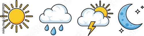  Weather icons set with sun rain cloud thunderstorm and moon night symbols, simple meteorology forecast elements flat vector illustration