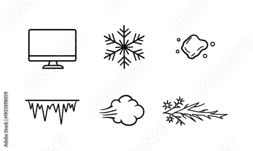 Line vector icons of a screen frosting over from disuse (cold surface shift): monitor outline, blank display, frost crystal, icy