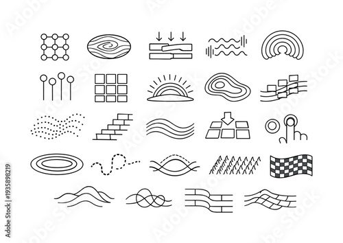 Line vector icons of haptic systems simulating real-world materials: tactile nodes, grain patterns, pressure beams,