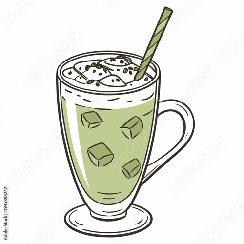 A glass of green tea with ice cubes and a straw