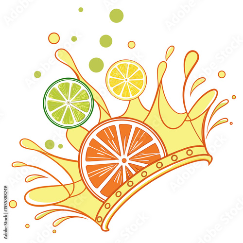 A colorful illustration of citrus juice splashing with slices of orange lemon and lime