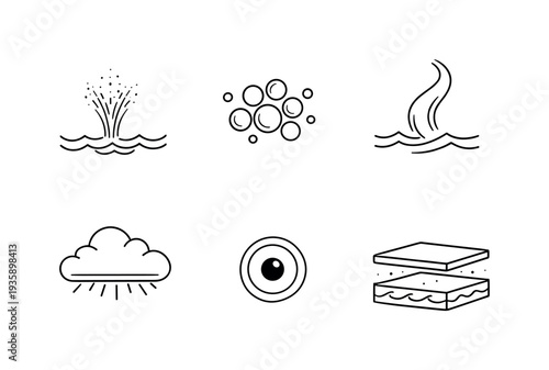 Line style icons of ocean–cloud interaction: fine-spray tip, saline particle cluster, rising mist curve, cloud-bright band,