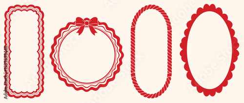 Set of red decorative frames and borders on beige background.