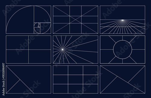 Composition Proportions guidelines set, attention spot of rule of thirds template in 16 by 9 ratio monitor display. Rule of thirds mockup on dark background.