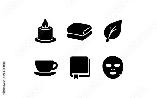 Set of icons representing relaxation and self-care activities like spa, reading, and tea time