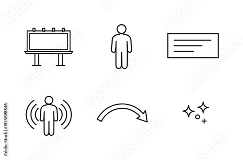 Interactive Billboard Icons. Line vector icons of a billboard that changes its message for each passerby (smart billboard cycle):