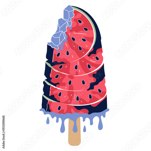 A watermelon popsicle with a bite taken out of it