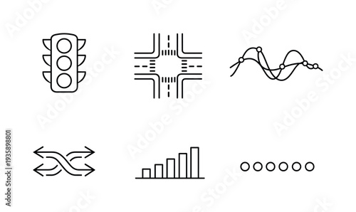 Line vector icons of a city traffic light controlled by predictive traffic model (AI-like timing flow): traffic-light shape,