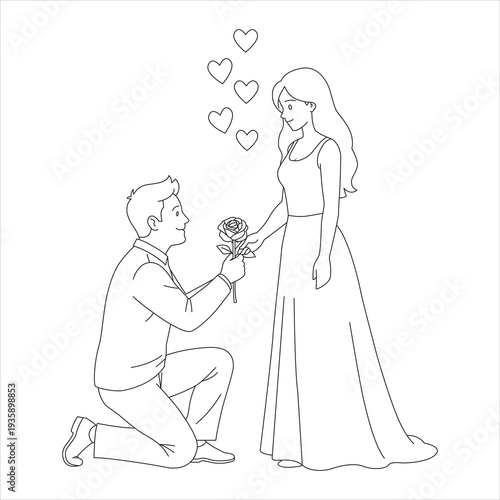 Man kneeling down and giving a rose to his girlfriend romantic proposal line art illustration. A boy and girl love single line vector design. 