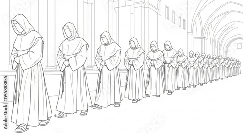 Line of hooded figures in robes standing in a row on transparent background