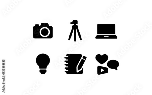 Collection of icons representing content creation tools and social media engagement elements
