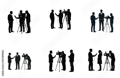 News Report Silhouette Set, Business People Being Interviewed by Journalists, Camera Crew Vector Illustration