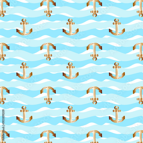 Golden anchors in blue waves.Vector seamless pattern with gold anchors on a blue background.
