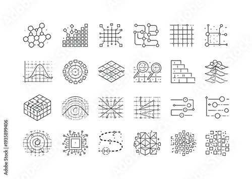 Line vector icons of digital matter composed of indivisible pixels: pixel nodes, raster-field bars, subpixel dots, render-flow