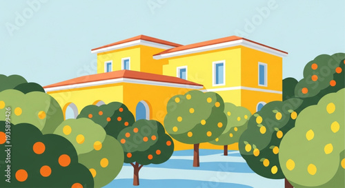 Bright yellow two story Mediterranean luxury house surrounded by orange trees near water vector illustration