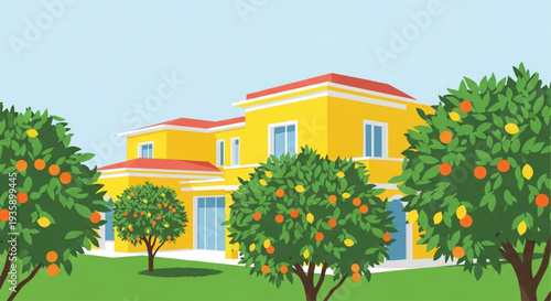 Stylish bright yellow Mediterranean luxury house in lush garden full of orange trees vector illustration