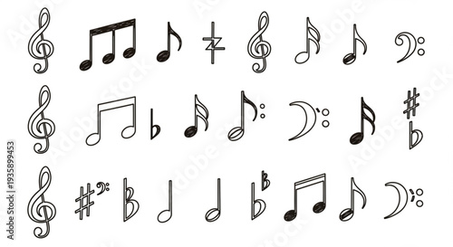 Collection of Hand Drawn Musical Notes and Symbols.