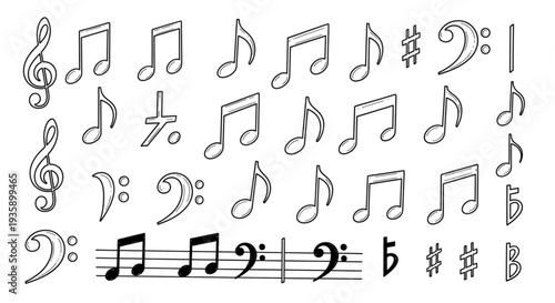 Collection of Hand Drawn Musical Notes and Symbols.