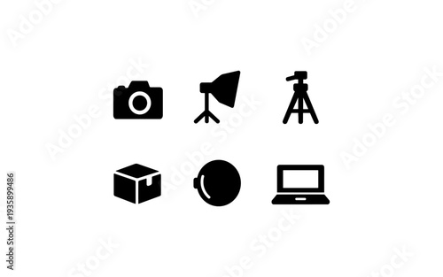 Collection of six black icons representing photography and video production equipment