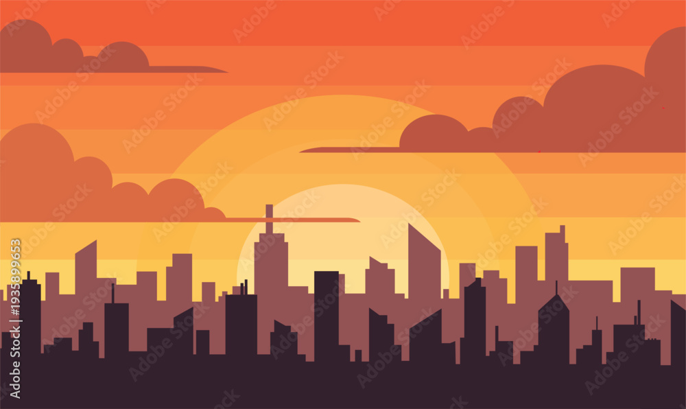 Obraz premium a sunset city skyline with buildings and sunset