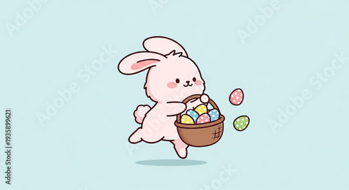 Cute pink easter bunny rabbit hopping with basket of colorful eggs one egg falling cartoon illustration