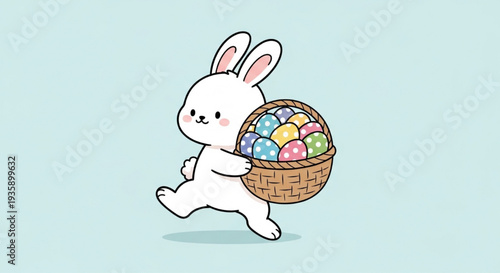 Cheerful white easter bunny rabbit running dynamically carrying basket overflowing with colorful eggs illustration