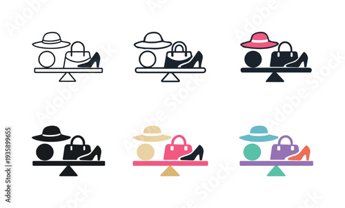 Visual harmony icon showing stylized fashion accessories, geometric shapes, and balancing elements representing style, design
