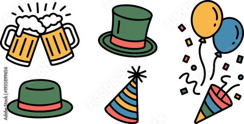 Party celebration vector icon set with clinking beer mugs, hats, balloons, and confetti popper elements
