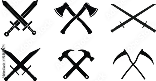 A collection of crossed bladed weapons