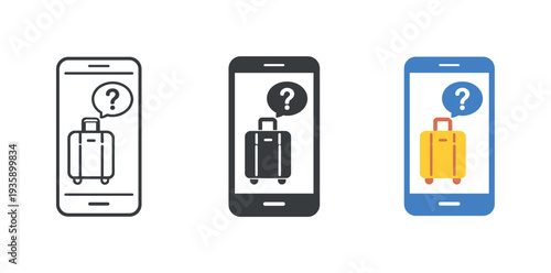 Traveler support scene showing a smartphone displaying a help symbol for assistance, same silhouette arranged side by side and