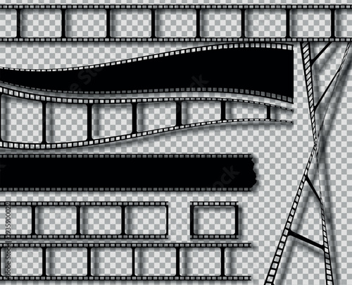 Grunge film strips collection. Old retro cinema movie strip. Video recording. Vector illustration isolated on transparent background