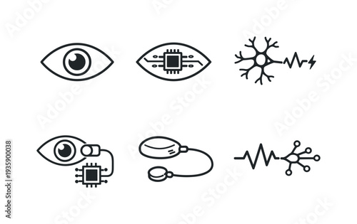 Line style vector icons of bionic eye technology: eye-outline icon, retinal-chip motif, nerve-stimulation symbol,
