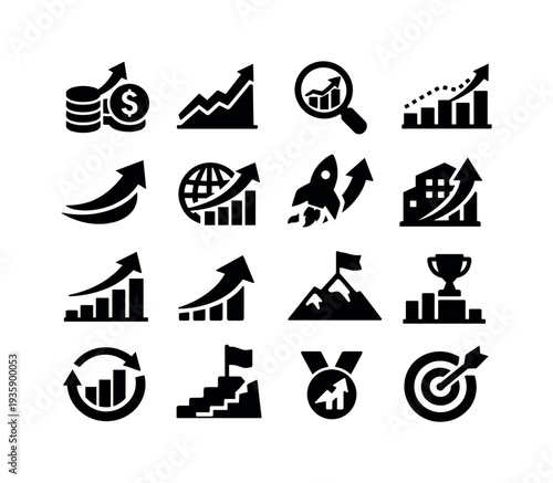 Solid vector icons of revenue growth performance: revenuegrowth, trendline, forecast, projection, momentum, expansion,