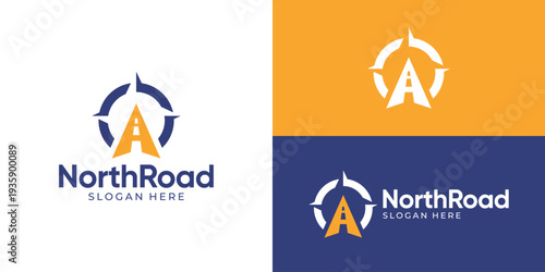 Creative simple north road logo template. Compass with arrow road street way logo design vector illustration.