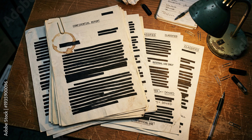 Heavily redacted confidential documents with coffee stain on wooden desk