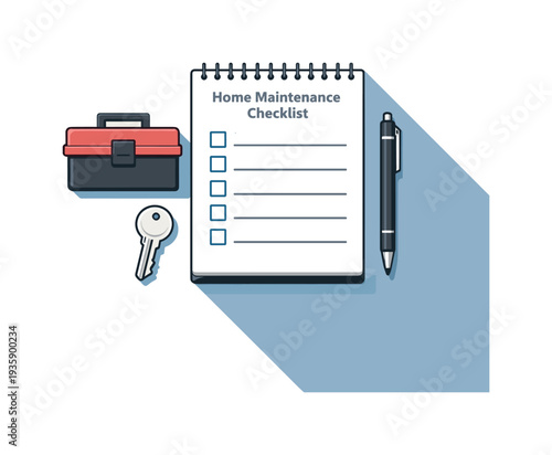 Refined contemporary home maintenance checklist concept with essential notebook toolbox key and pen subtly offset and aligned