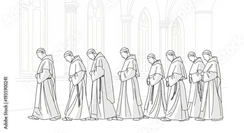 Monks walking in line with hands clasped on transparent background