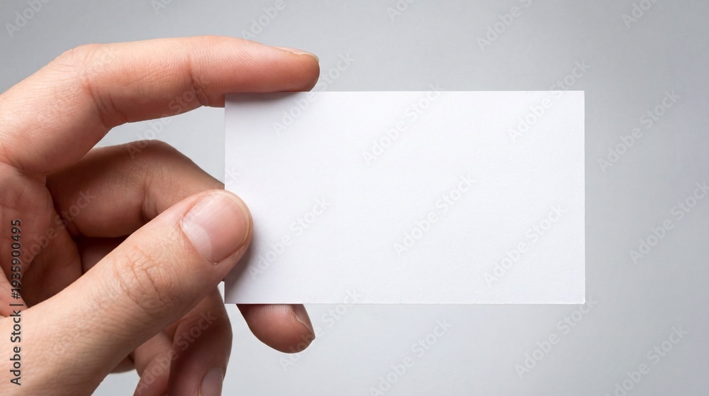 Obraz premium Close-up of a hand holding a blank white business card against a neutral background, minimal mockup template ideal for branding, identity design, corporate presentation, and contact information displa