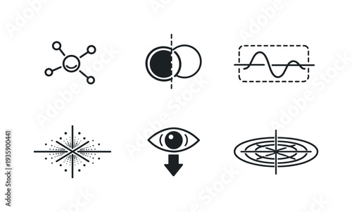 Line style vector icons of quantum measurement paradox: particle-icon motif, dual-state outline, wave-function icon,