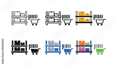 Product management icon showing stylized shelves, boxes, barcodes, and carts representing retail inventory tracking, stock