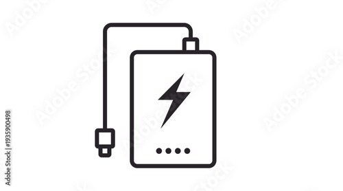 Clean black line vector icon of a power bank, representing portable charging, mobile battery packs, energy storage, and tech accessories. Minimalist and modern design ideal for UI/UX interfaces, apps