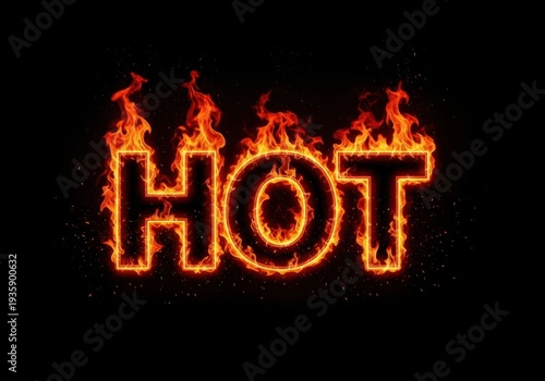 Fiery hot text effect with flames on a black background
