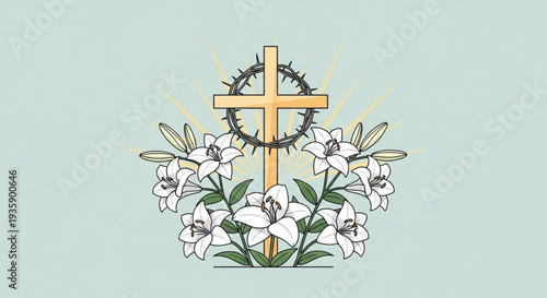 Easter cross with crown of thorns and white lilies on light green background symbolizing resurrection and hope